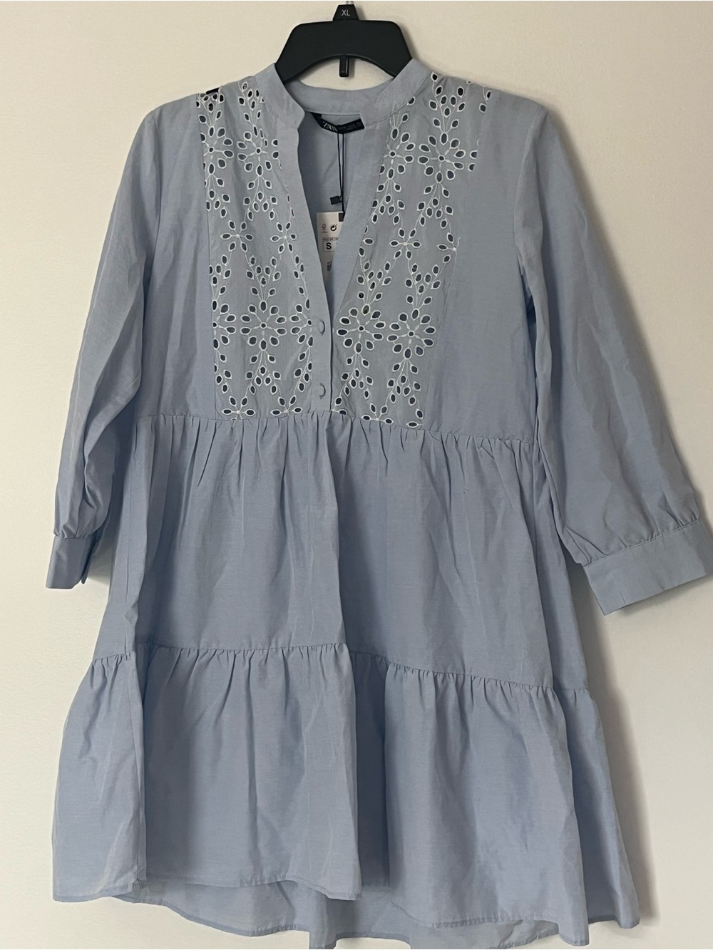 Zara Light Blue Eyelet-Tiered women Dress